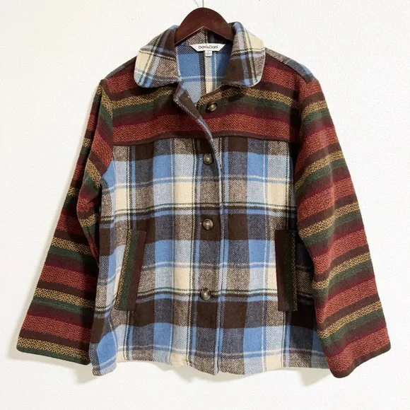 Davi & Dani Mixed Plaid Striped Oversized Shacket - Picture 1 of 10